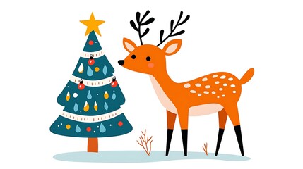 Obraz premium Cute Cartoon Reindeer Next to Colorful Christmas Tree Illustration