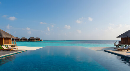 Obraz premium Luxury Overwater Bungalows and Infinity Pool Overlooking Tropical Beach and Turquoise Ocean