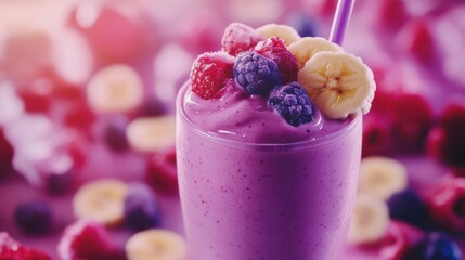 A vibrant smoothie with berries, banana, and almond milk. Featuring refreshment and vitality