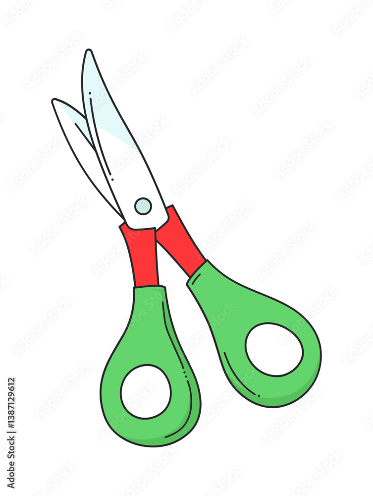 Poster colorful vector icon of scissors with green handles and red accent pieces. simple design style.