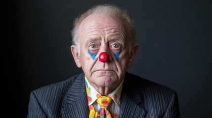 A high-resolution photo shows an elderly man wearing a clowns makeup. Hes dressed in a dark pinstripe suit and a colorful tie. The background is a simple, dark gray. The images style is serious and e