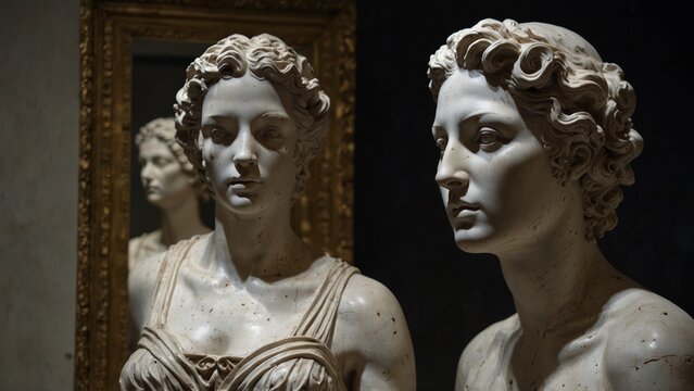 A statue of Celia, goddess of time-reversed mirrors, with a chest mirror reflecting futures that never were