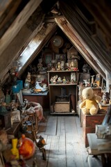 Cluttered attic space with wooden beams shelves and various objects