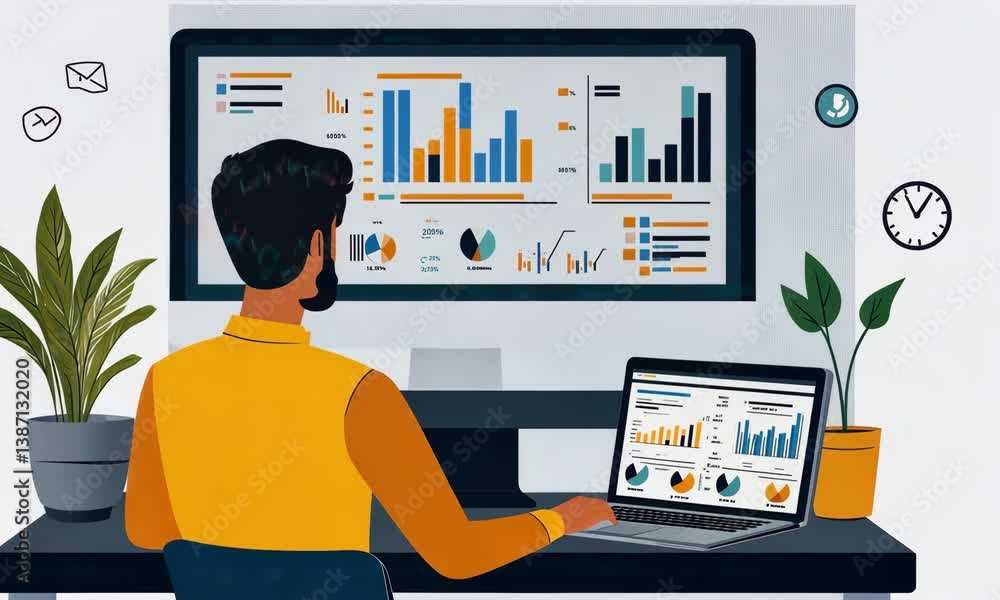 Poster analyzing data dashboard on laptop and monitor for business insights and decisions
