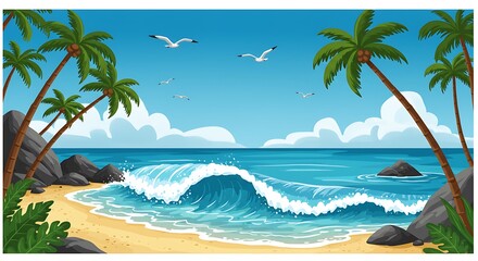 Obraz premium Tropical Beach Paradise: Vibrant Digital Illustration AI Generated