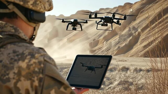 1_Soldier Monitoring Drone Feed in Desert Environment