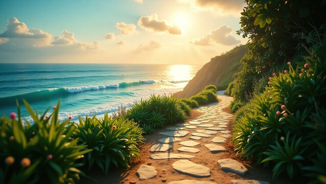 A peaceful coastal scene with a sunset over the water, rocky cliffs, lush greenery, and a winding stone path, framed by tall palm trees and tranquil waves. - Powered by Adobe