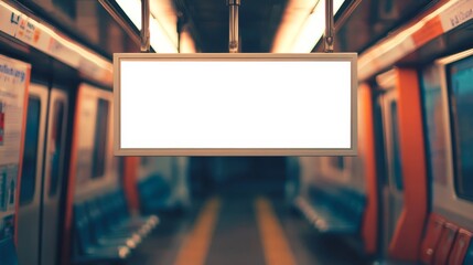Blank screen inside subway train with blurred seats and lights around it.