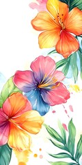 Obraz premium Watercolor Floral Corner Border Photo, Vibrant Tropical Flower Art, Botanical Summer Decor Scene, Colorful Bloom Illustration, Mother's Day Card Flower Image