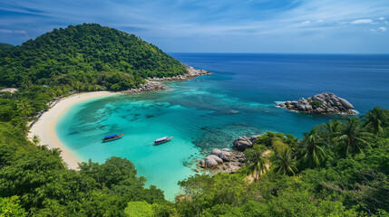 Fototapeta premium Top View of Tropical Beach Island with Turquoise Water. Serene landscape.