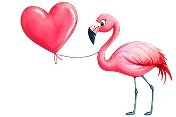 Fototapeta premium Playful Pink Flamingo Holding Heart-Shaped Balloon in Illustration