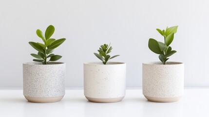 Fototapeta premium Three small plants in speckled pots