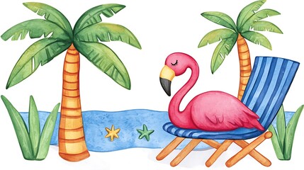 Vibrant Pink Flamingo Relaxing by Tropical Palm Trees and Water