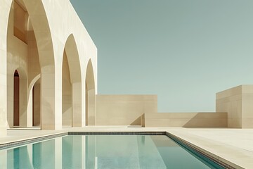 A minimalist building with clean lines and large, simple surfaces accented by Islamic mosaic art