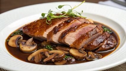 Delightful plate of braised duck with beer and wild mushrooms served elegantly