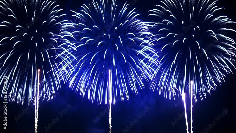 Poster three exploding fireworks in the night sky, burst of light and color creating beautiful visual displ