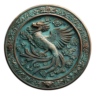 A Chinese Tang dynasty bronze mirror with intricate phoenix designs, isolated on a white background.