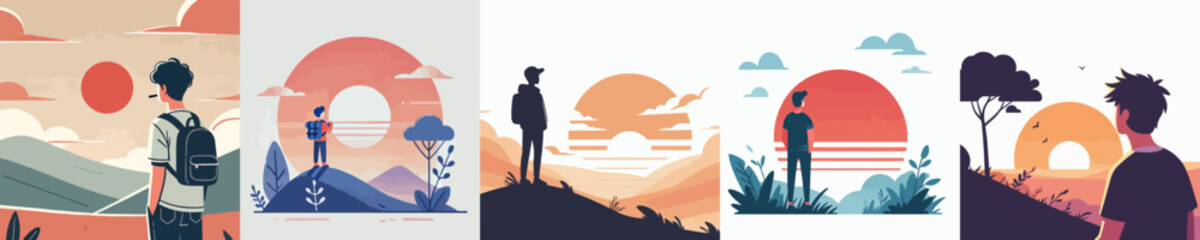 vector set of young men enjoying sunset