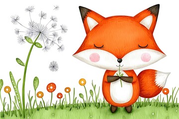 Obraz premium Cute cartoon fox holding flower in a whimsical garden setting