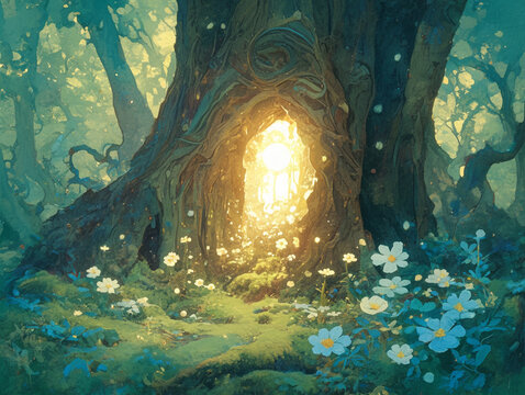 Divine light shining into the fork of an ancient tree, where new life begins, moss and flowers bloom around the hollow, sacred energy fills the forest in a gentle and mystical watercolor style.