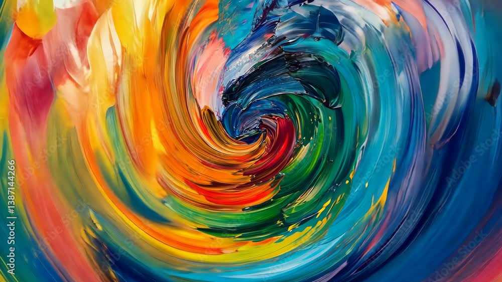 Poster vibrant swirling abstract painting featuring bold brushstrokes with a dynamic color palette and a te