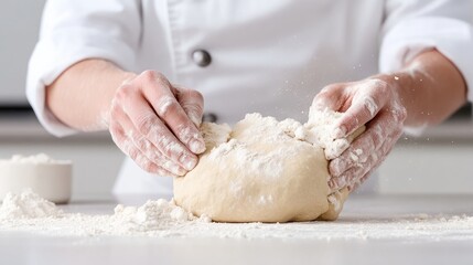 Fototapeta premium Hands kneading dough, covered in flour