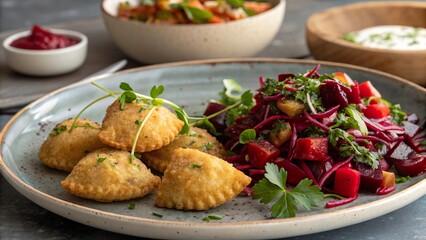 Savory brambor ky paired with vibrant beetroot salad in a rustic dining setting