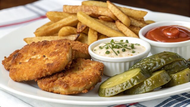 Savory brambor ky served with crispy fries and tangy pickles for a delightful meal experience
