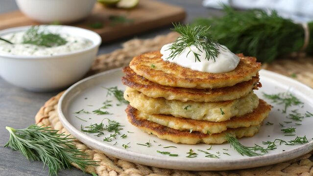 Delightful stack of brambor ky garnished with dill and a dollop of sour cream placed on a rustic wooden table
