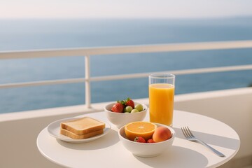 Breakfast on a Balcony With Ocean View, Featuring Fresh Fruits and Juice in the Morning Light
