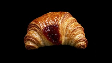 A warm croissant with a golden, flaky texture and a smear of jam. Featuring indulgence and richness