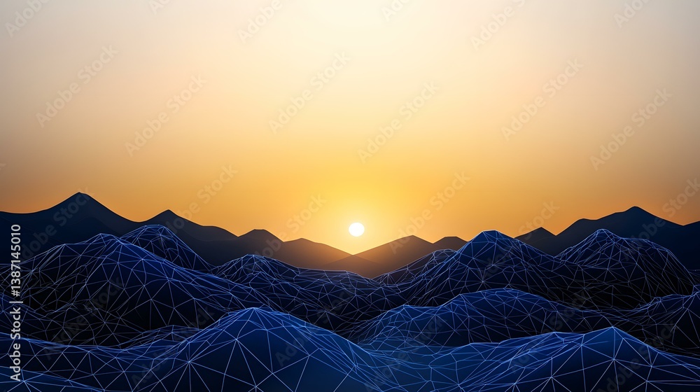 Poster a digital rendering depicts a wireframe mountain range at sunset, the glowing lines creating a futur