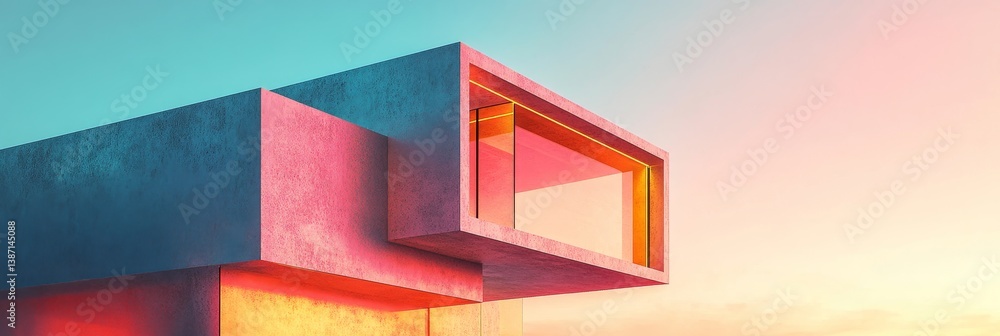 Poster modern architecture building with geometric shapes against a sky background.