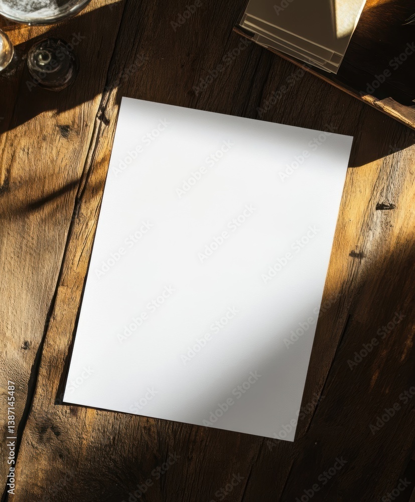 Poster a blank sheet of paper rests on a wooden table, illuminated by soft light, creating a serene and min