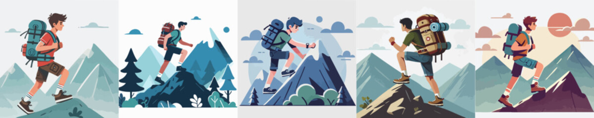 young man climbing mountain vector set