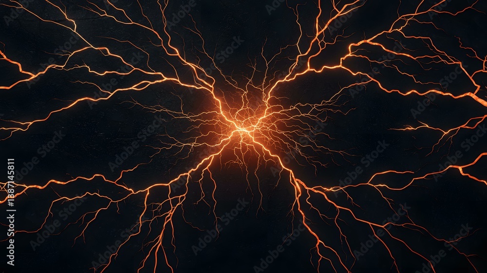 Poster the image shows a dark background with bright orange, branching, lightning-like lines emanating from