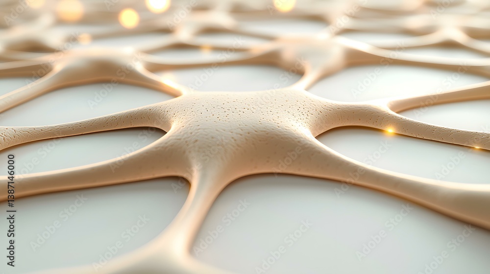 Poster the image shows a close-up rendering of a network of interconnected, beige, organic-looking structur