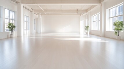 Fototapeta premium Empty Studio Space Plants Minimalist Bright Lighting Wide Angle Shot Polished Floor Sunlit Setting Bright White Tones Ideal for Real Estate Listings