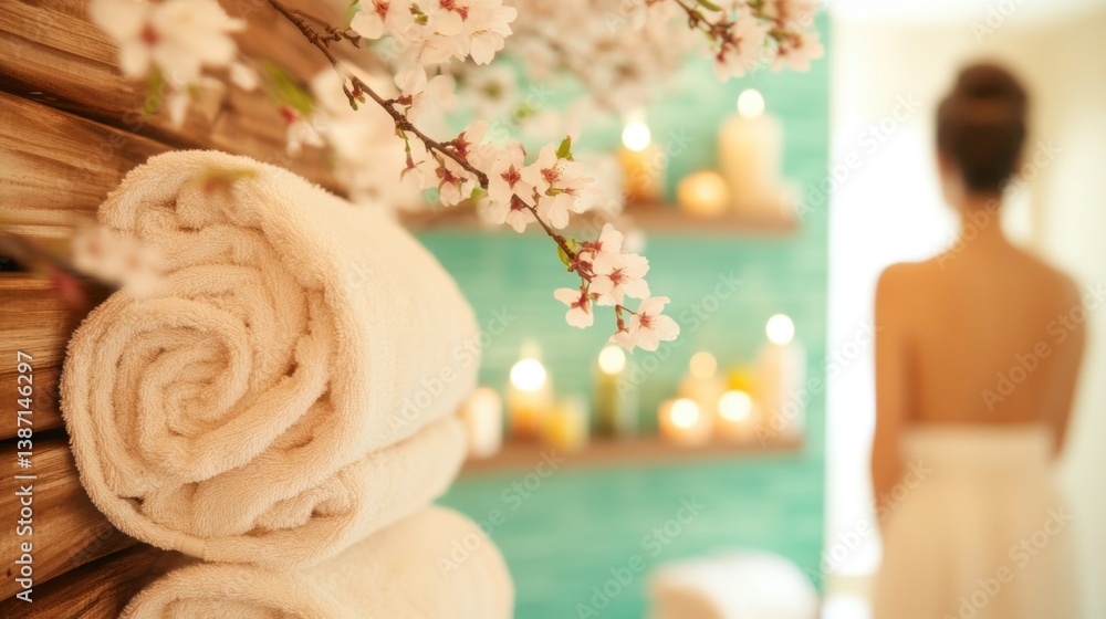 Poster soft towels are neatly arranged while a figure enjoys a tranquil escape in a serene spa environment 