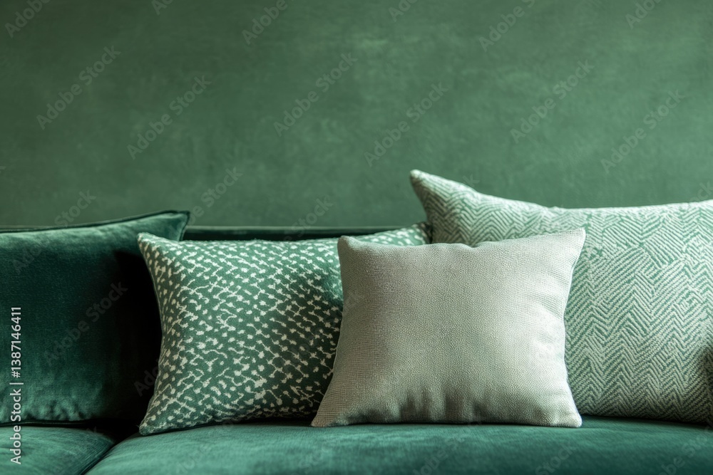 Poster green velvet sofa adorned with patterned and solid cushions, creating a serene and stylish atmospher