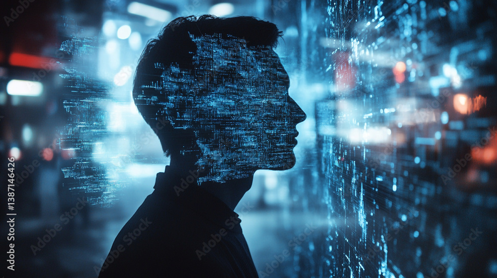 Aufkleber silhouette of a person with a digital pattern overlay and blurred background with city lights visibl