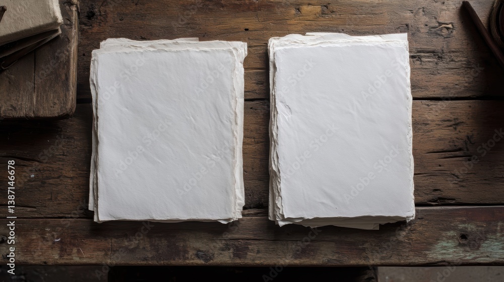 Poster blank sheets of textured paper stacked on a rustic wooden surface, showcasing simplicity and natural