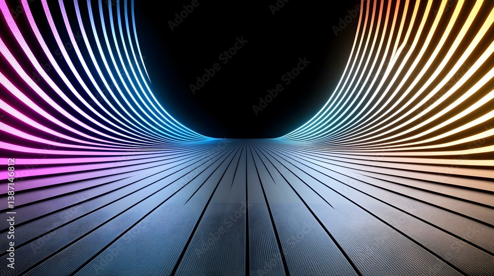 Poster a dark, textured, wood-like surface converges towards a vanishing point where vibrant, multicolored 