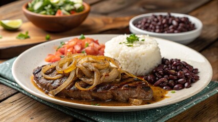 Savory bistec encebollado served on a rustic plate with rice, beans, and fresh toppings in a cozy dining setting