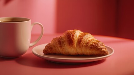 A warm, flaky croissant with a cup of coffee. Featuring indulgence and comfort