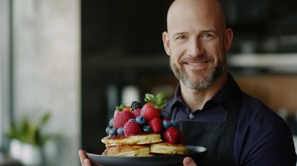 A warm, fluffy pancake stack topped with fresh berries and syrup. Featuring indulgence and sweetness