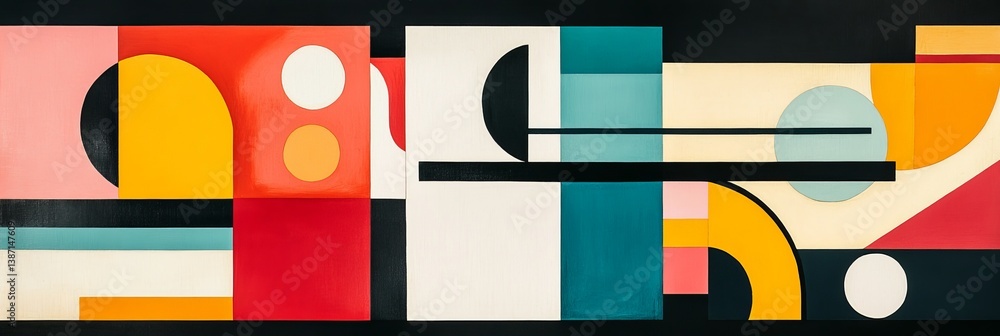 Poster abstract geometric shapes in various colors on a dark background.