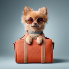 An adorable Pomeranian dog wea stylish sunglasses sits inside a trendy orange leather handbag ready for travel adventures.