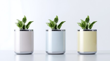 Obraz premium Three potted plants are displayed in a minimalist arrangement. Each plant has vibrant green leaves and sits in a cylindrical pot with a metallic rim the pots are beige, light blue, and pale yellow.