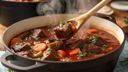 Close up of beef bourguignon being stirred with fresh herbs and vegetables in a pot, showcasing rich textures and steam rising in a cozy kitchen atmosphere